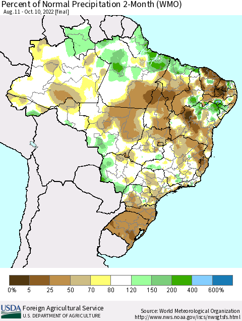 Brazil Percent of Normal Precipitation 2-Month (WMO) Thematic Map For 8/11/2022 - 10/10/2022