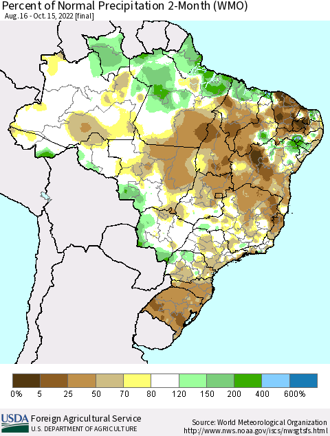 Brazil Percent of Normal Precipitation 2-Month (WMO) Thematic Map For 8/16/2022 - 10/15/2022