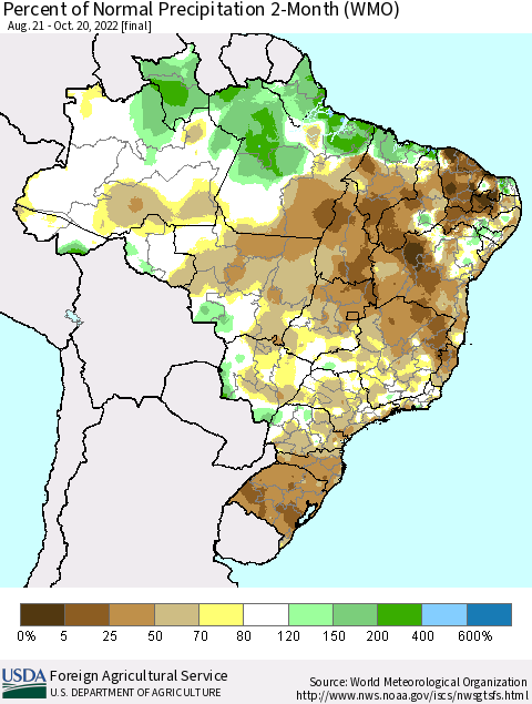 Brazil Percent of Normal Precipitation 2-Month (WMO) Thematic Map For 8/21/2022 - 10/20/2022