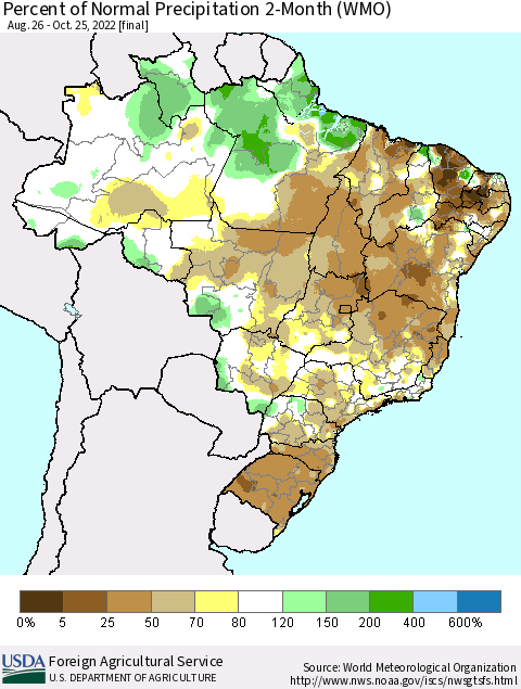 Brazil Percent of Normal Precipitation 2-Month (WMO) Thematic Map For 8/26/2022 - 10/25/2022