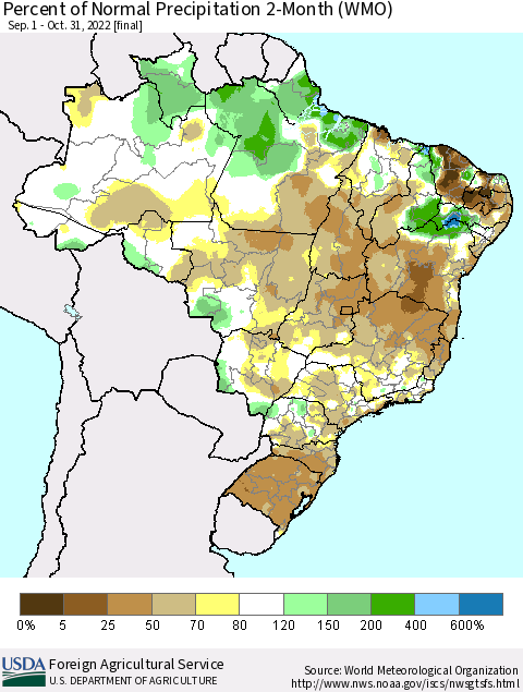 Brazil Percent of Normal Precipitation 2-Month (WMO) Thematic Map For 9/1/2022 - 10/31/2022