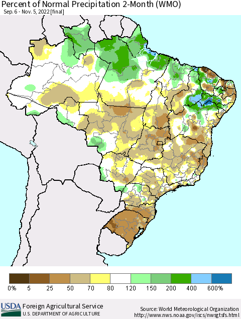 Brazil Percent of Normal Precipitation 2-Month (WMO) Thematic Map For 9/6/2022 - 11/5/2022