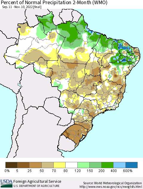 Brazil Percent of Normal Precipitation 2-Month (WMO) Thematic Map For 9/11/2022 - 11/10/2022