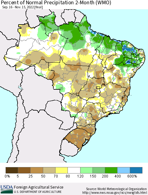Brazil Percent of Normal Precipitation 2-Month (WMO) Thematic Map For 9/16/2022 - 11/15/2022