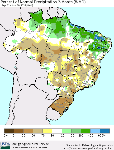 Brazil Percent of Normal Precipitation 2-Month (WMO) Thematic Map For 9/21/2022 - 11/20/2022