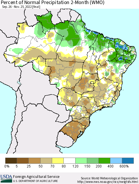 Brazil Percent of Normal Precipitation 2-Month (WMO) Thematic Map For 9/26/2022 - 11/25/2022