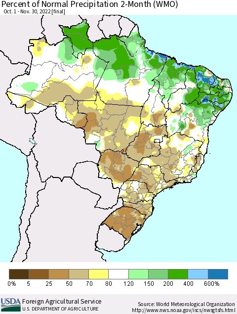 Brazil Percent of Normal Precipitation 2-Month (WMO) Thematic Map For 10/1/2022 - 11/30/2022
