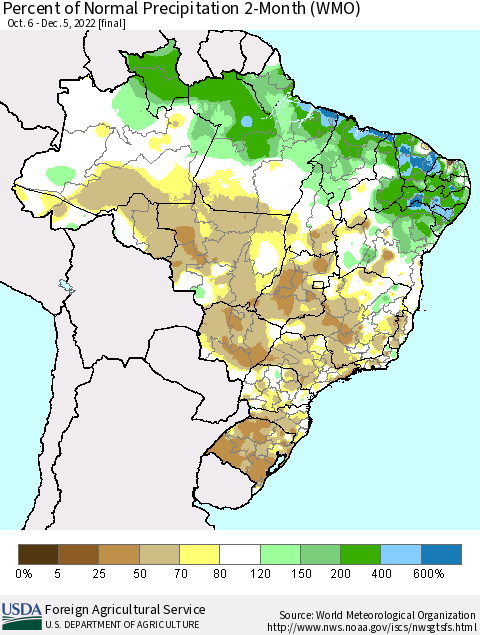 Brazil Percent of Normal Precipitation 2-Month (WMO) Thematic Map For 10/6/2022 - 12/5/2022