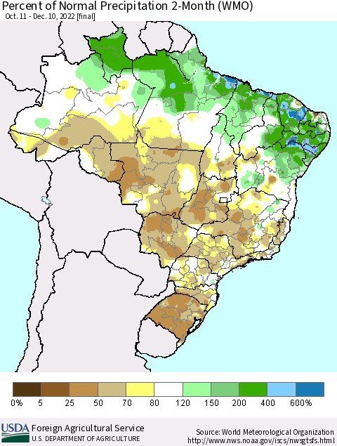 Brazil Percent of Normal Precipitation 2-Month (WMO) Thematic Map For 10/11/2022 - 12/10/2022