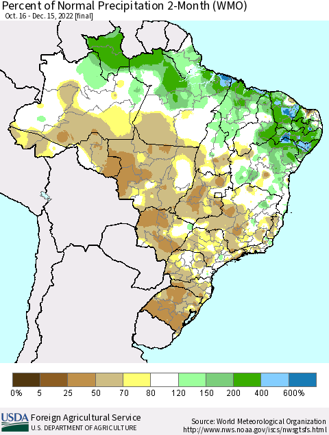 Brazil Percent of Normal Precipitation 2-Month (WMO) Thematic Map For 10/16/2022 - 12/15/2022