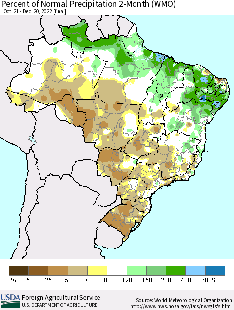 Brazil Percent of Normal Precipitation 2-Month (WMO) Thematic Map For 10/21/2022 - 12/20/2022
