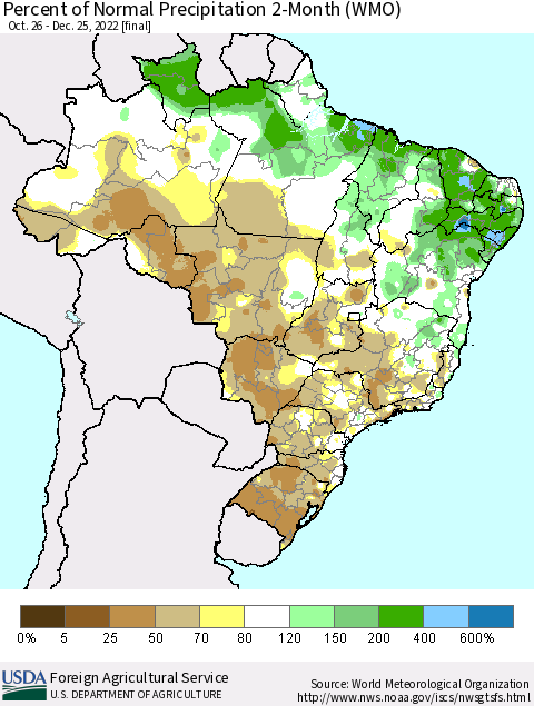 Brazil Percent of Normal Precipitation 2-Month (WMO) Thematic Map For 10/26/2022 - 12/25/2022