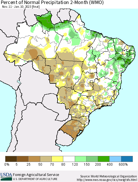Brazil Percent of Normal Precipitation 2-Month (WMO) Thematic Map For 11/11/2022 - 1/10/2023