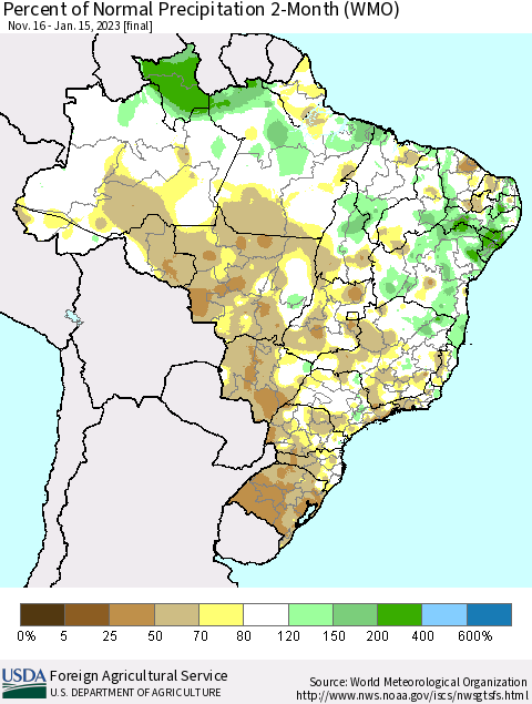Brazil Percent of Normal Precipitation 2-Month (WMO) Thematic Map For 11/16/2022 - 1/15/2023