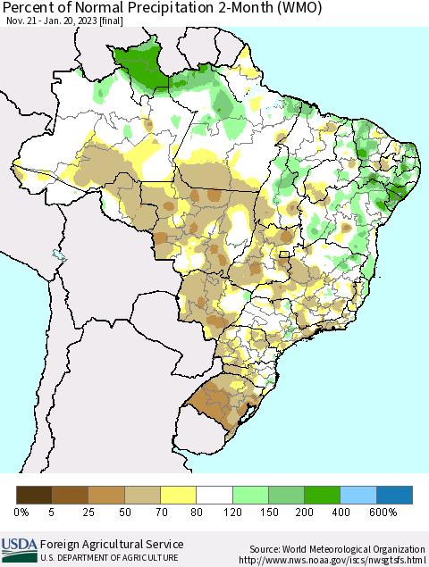 Brazil Percent of Normal Precipitation 2-Month (WMO) Thematic Map For 11/21/2022 - 1/20/2023