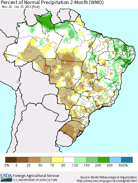 Brazil Percent of Normal Precipitation 2-Month (WMO) Thematic Map For 11/26/2022 - 1/25/2023