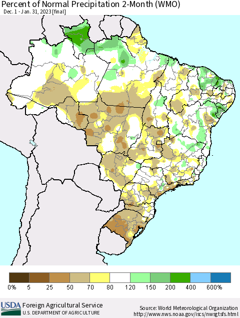 Brazil Percent of Normal Precipitation 2-Month (WMO) Thematic Map For 12/1/2022 - 1/31/2023