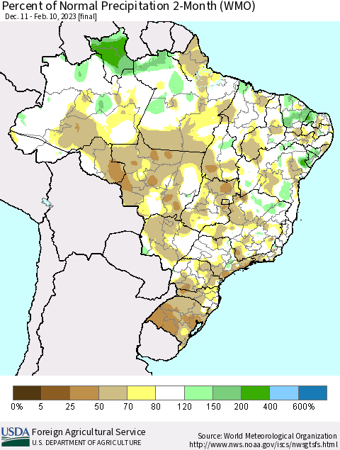 Brazil Percent of Normal Precipitation 2-Month (WMO) Thematic Map For 12/11/2022 - 2/10/2023