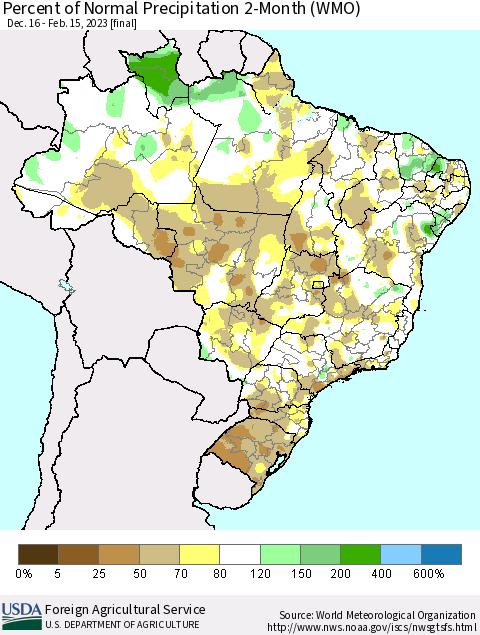 Brazil Percent of Normal Precipitation 2-Month (WMO) Thematic Map For 12/16/2022 - 2/15/2023