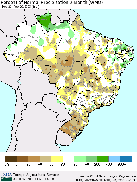 Brazil Percent of Normal Precipitation 2-Month (WMO) Thematic Map For 12/21/2022 - 2/20/2023