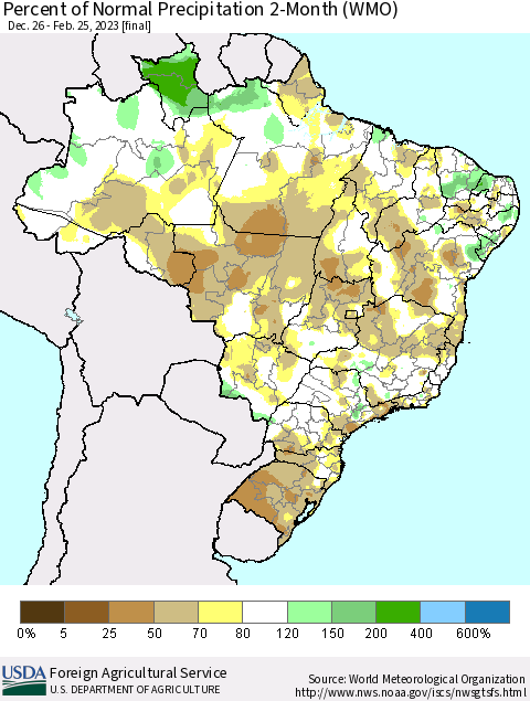 Brazil Percent of Normal Precipitation 2-Month (WMO) Thematic Map For 12/26/2022 - 2/25/2023