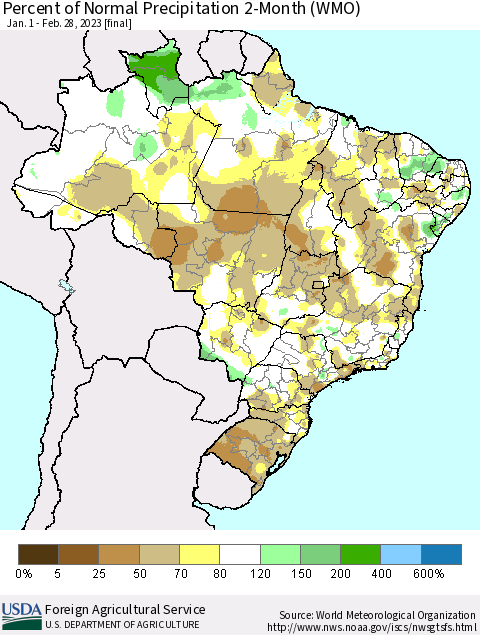 Brazil Percent of Normal Precipitation 2-Month (WMO) Thematic Map For 1/1/2023 - 2/28/2023