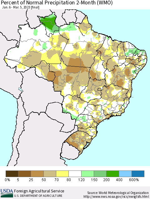 Brazil Percent of Normal Precipitation 2-Month (WMO) Thematic Map For 1/6/2023 - 3/5/2023