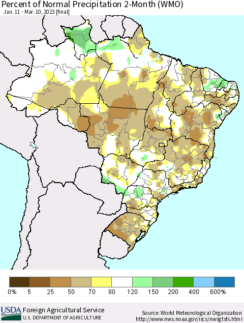 Brazil Percent of Normal Precipitation 2-Month (WMO) Thematic Map For 1/11/2023 - 3/10/2023