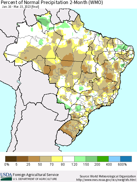Brazil Percent of Normal Precipitation 2-Month (WMO) Thematic Map For 1/16/2023 - 3/15/2023