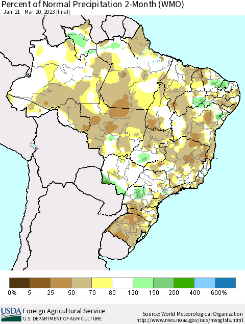 Brazil Percent of Normal Precipitation 2-Month (WMO) Thematic Map For 1/21/2023 - 3/20/2023