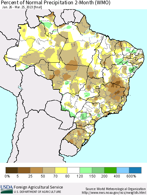 Brazil Percent of Normal Precipitation 2-Month (WMO) Thematic Map For 1/26/2023 - 3/25/2023