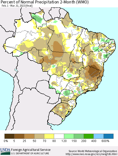 Brazil Percent of Normal Precipitation 2-Month (WMO) Thematic Map For 2/1/2023 - 3/31/2023
