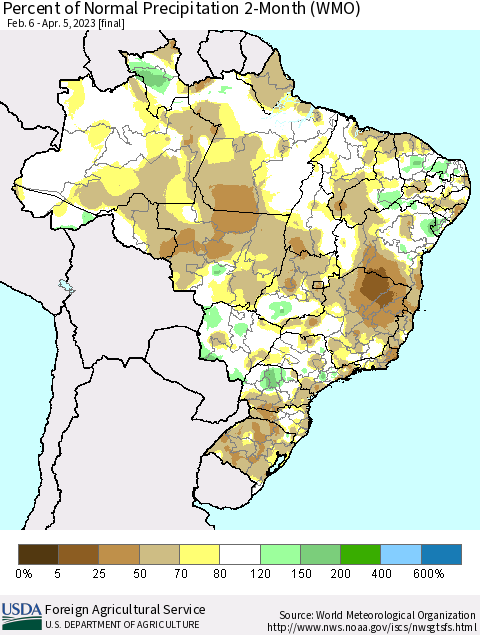 Brazil Percent of Normal Precipitation 2-Month (WMO) Thematic Map For 2/6/2023 - 4/5/2023