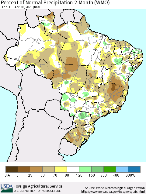 Brazil Percent of Normal Precipitation 2-Month (WMO) Thematic Map For 2/11/2023 - 4/10/2023