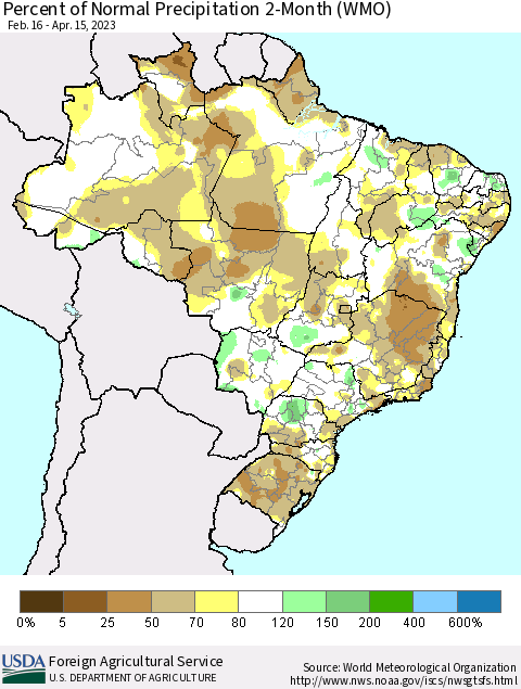 Brazil Percent of Normal Precipitation 2-Month (WMO) Thematic Map For 2/16/2023 - 4/15/2023