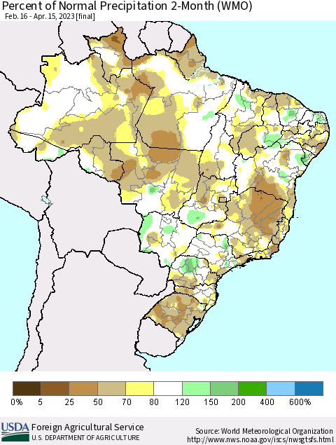 Brazil Percent of Normal Precipitation 2-Month (WMO) Thematic Map For 2/16/2023 - 4/15/2023