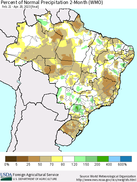 Brazil Percent of Normal Precipitation 2-Month (WMO) Thematic Map For 2/21/2023 - 4/20/2023