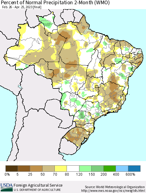 Brazil Percent of Normal Precipitation 2-Month (WMO) Thematic Map For 2/26/2023 - 4/25/2023