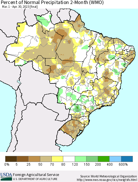 Brazil Percent of Normal Precipitation 2-Month (WMO) Thematic Map For 3/1/2023 - 4/30/2023