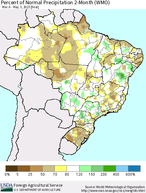 Brazil Percent of Normal Precipitation 2-Month (WMO) Thematic Map For 3/6/2023 - 5/5/2023