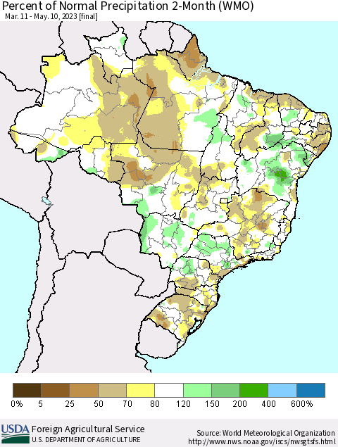 Brazil Percent of Normal Precipitation 2-Month (WMO) Thematic Map For 3/11/2023 - 5/10/2023