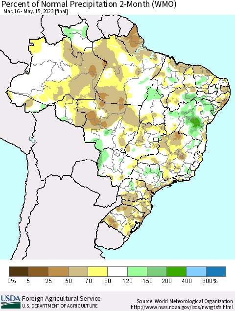 Brazil Percent of Normal Precipitation 2-Month (WMO) Thematic Map For 3/16/2023 - 5/15/2023