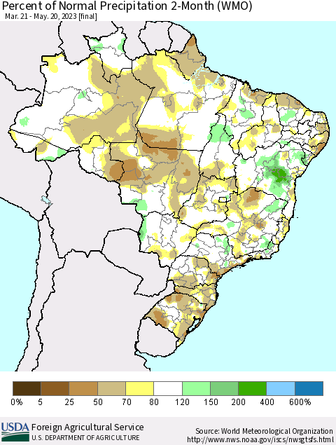 Brazil Percent of Normal Precipitation 2-Month (WMO) Thematic Map For 3/21/2023 - 5/20/2023