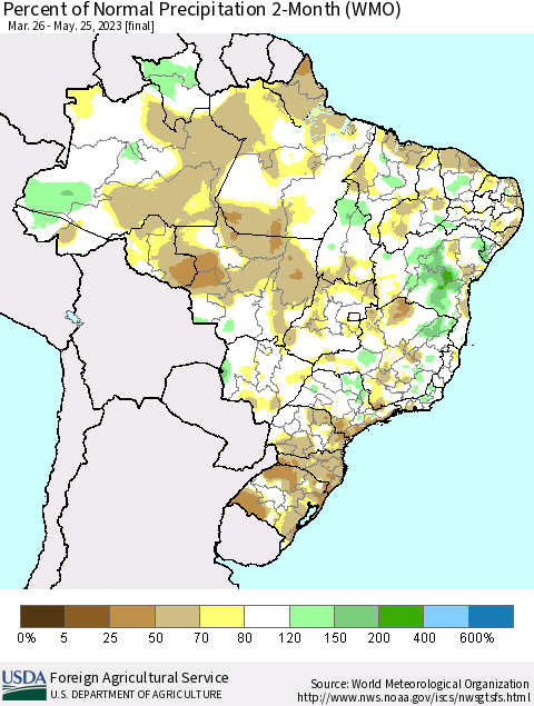 Brazil Percent of Normal Precipitation 2-Month (WMO) Thematic Map For 3/26/2023 - 5/25/2023