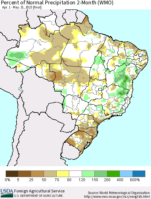 Brazil Percent of Normal Precipitation 2-Month (WMO) Thematic Map For 4/1/2023 - 5/31/2023