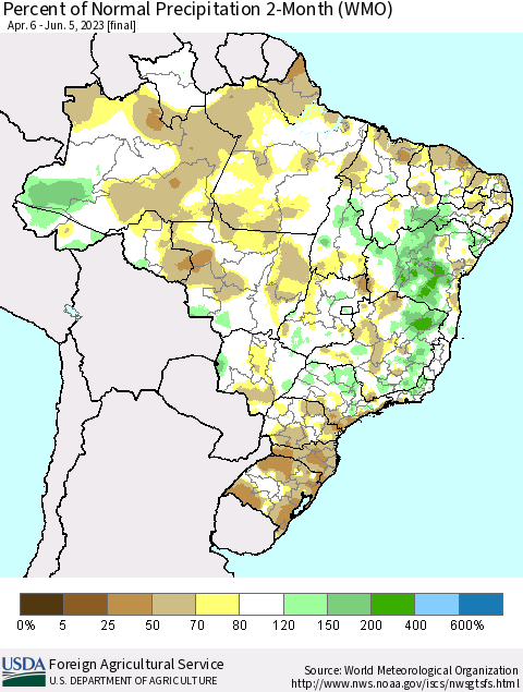 Brazil Percent of Normal Precipitation 2-Month (WMO) Thematic Map For 4/6/2023 - 6/5/2023