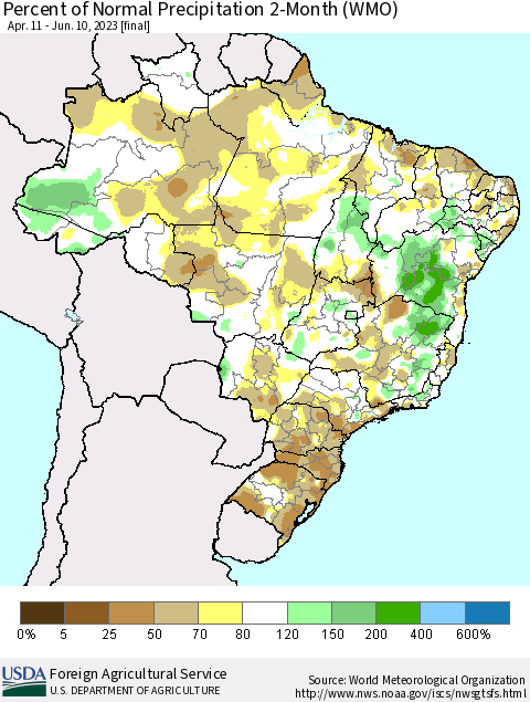 Brazil Percent of Normal Precipitation 2-Month (WMO) Thematic Map For 4/11/2023 - 6/10/2023