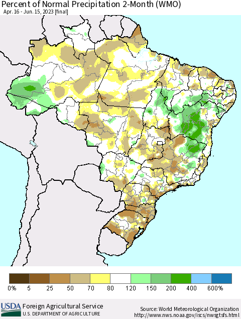 Brazil Percent of Normal Precipitation 2-Month (WMO) Thematic Map For 4/16/2023 - 6/15/2023