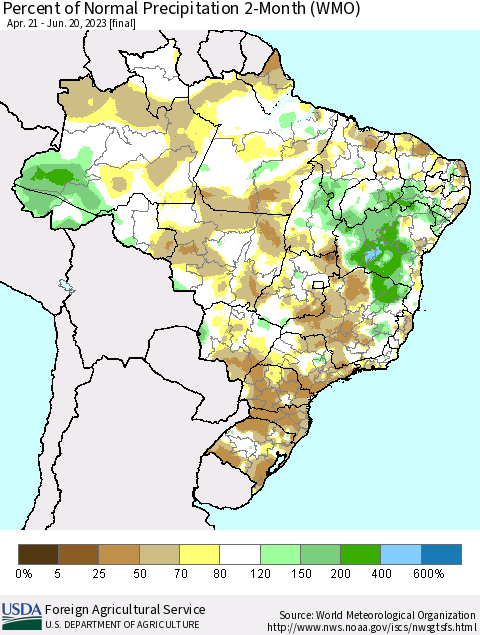 Brazil Percent of Normal Precipitation 2-Month (WMO) Thematic Map For 4/21/2023 - 6/20/2023