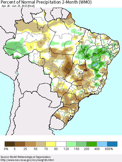 Brazil Percent of Normal Precipitation 2-Month (WMO) Thematic Map For 4/26/2023 - 6/25/2023